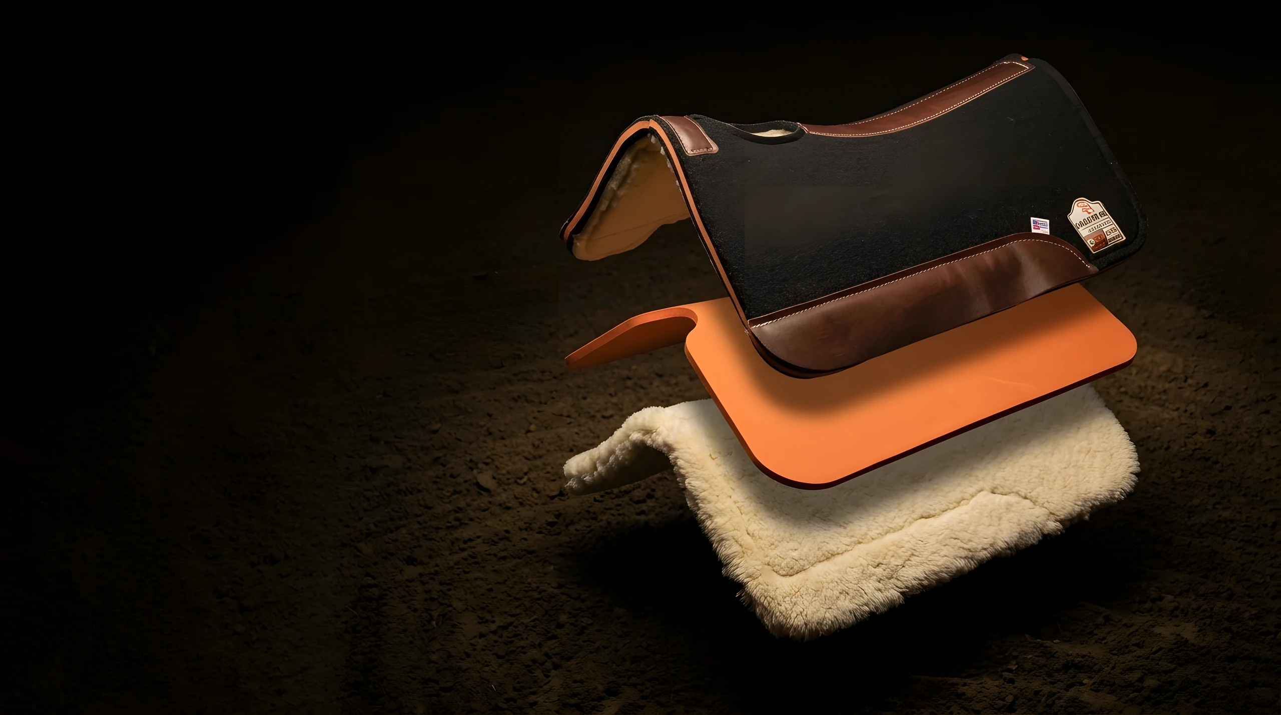The three layers of the pad floating apart: felt top, orange D3O panel, fleece lining.