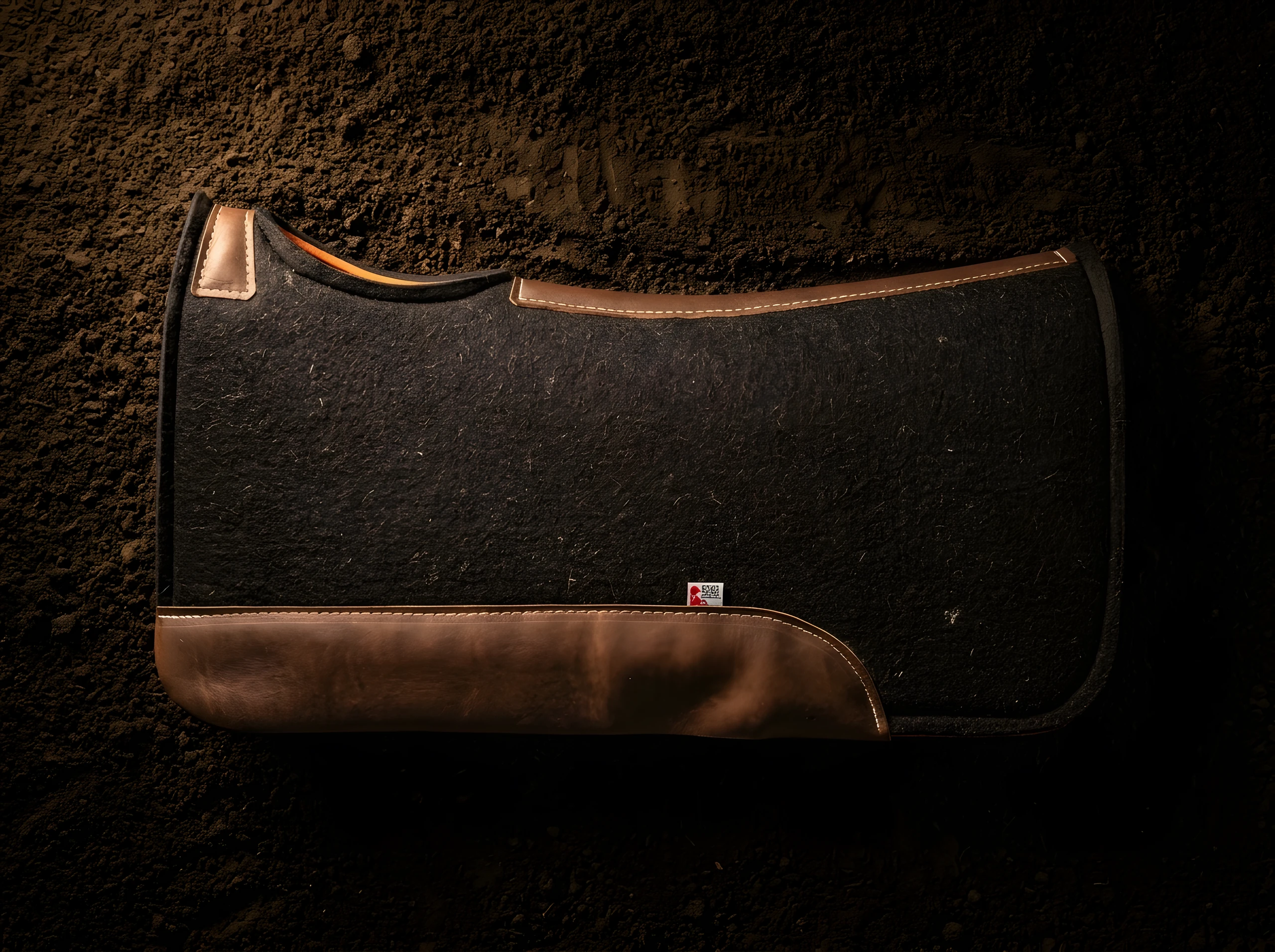 The pad lying flat on arena dirt, photographed straight down inside one pool of light.
