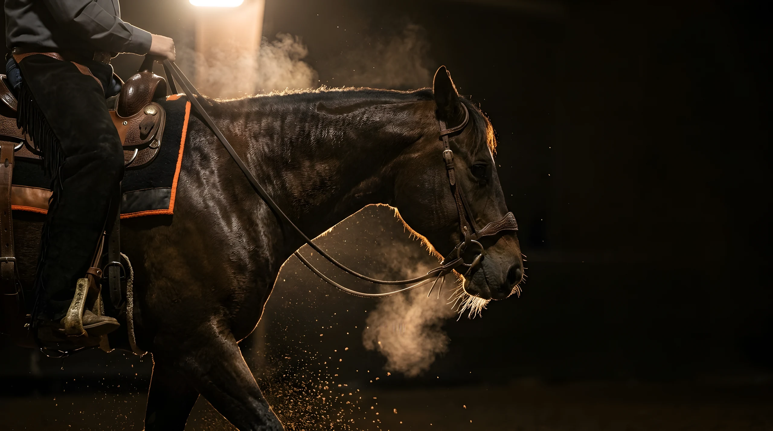 A horse breathing out in the cold night air after a run.