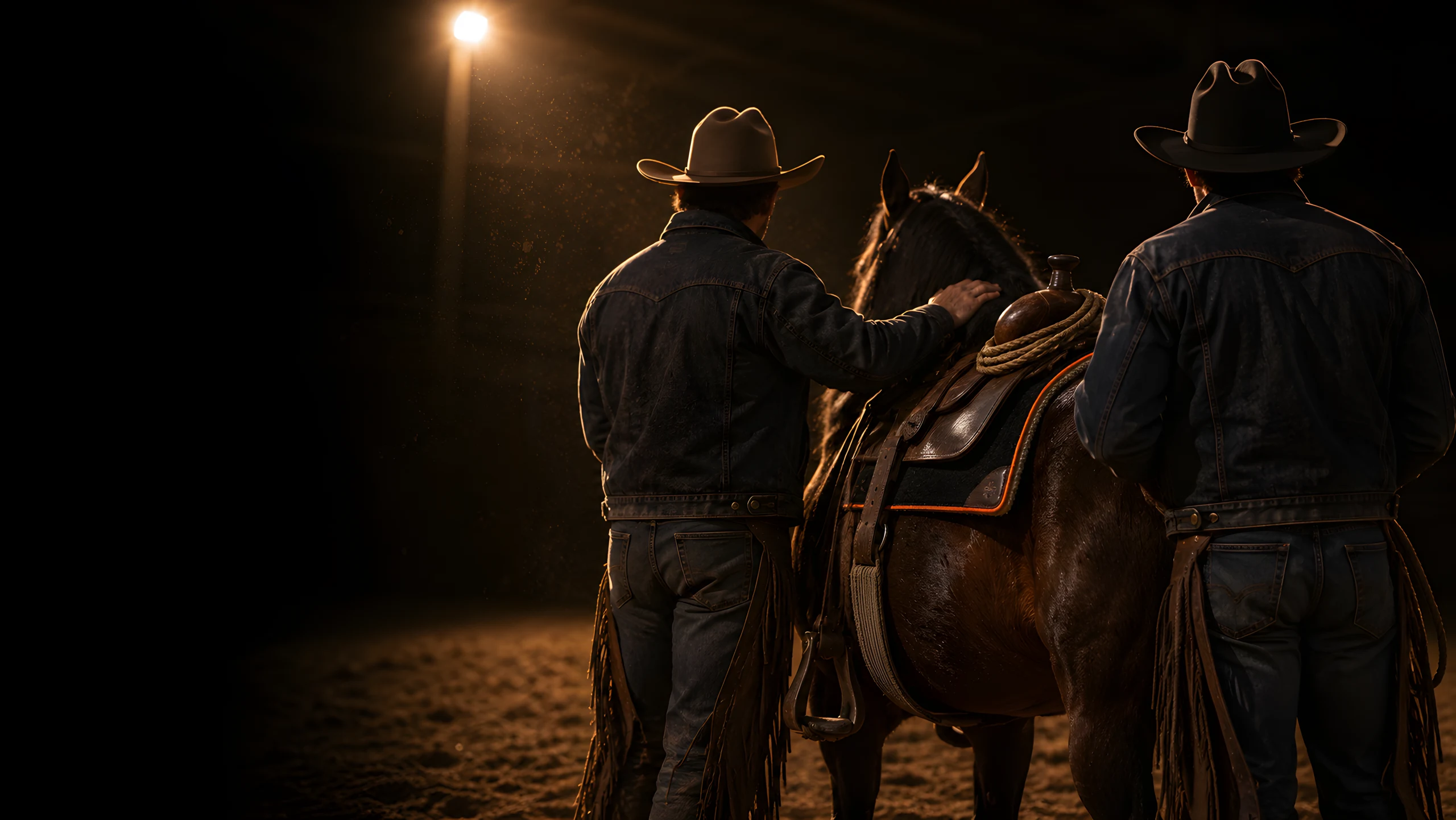 The Salvador brothers seen from behind, standing with their horses in the night arena.
